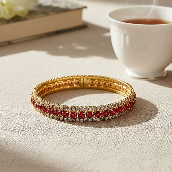Simulated Ruby Color And White Diamond Cuff Bracelet In Goldtone (7.0 In)