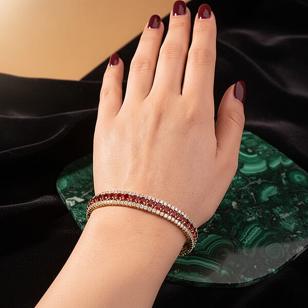 Simulated Ruby Color And White Diamond Cuff Bracelet In Goldtone (7.0 In)