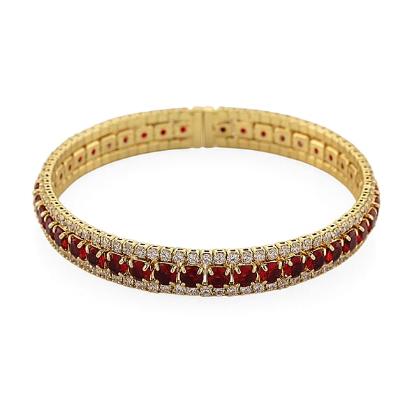 Simulated Ruby Color And White Diamond Cuff Bracelet In Goldtone (7.0 In)