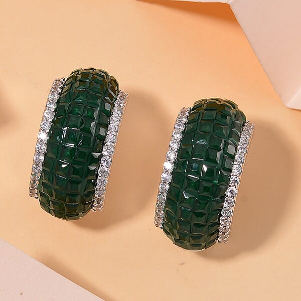 Simulated White And Green Diamond Latch Back Earrings In Rhodium Over Sterling Silver