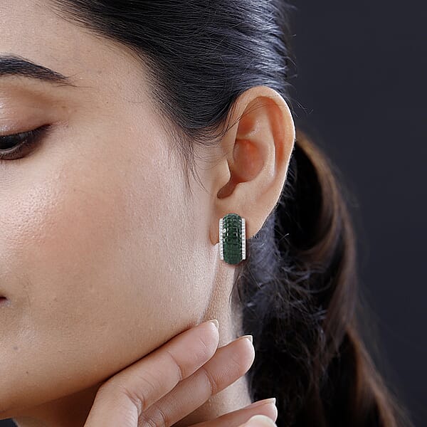 Simulated White And Green Diamond Latch Back Earrings In Rhodium Over Sterling Silver