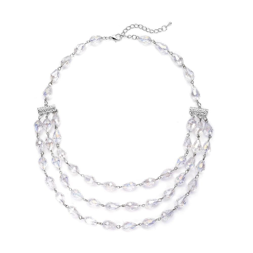 Simulated White Aurora Borealis Beaded Layered Necklace in Silvertone 22-24 Inches