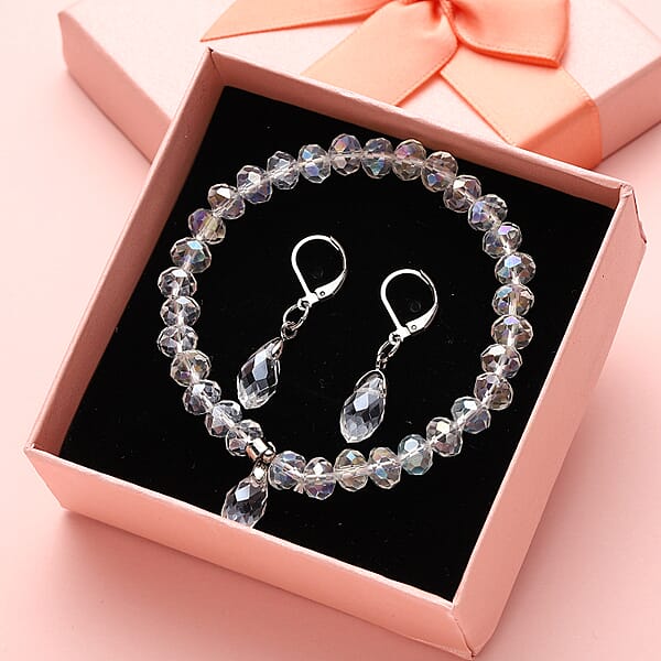 Simulated White Mystic Color Topaz Beaded Bracelet (7-7.5In) And Drop Earrings In Silvertone & Stainless Steel