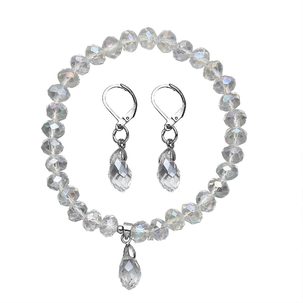 Simulated White Mystic Color Topaz Beaded Bracelet (7-7.5In) and Drop Earrings in Silvertone & Stainless Steel