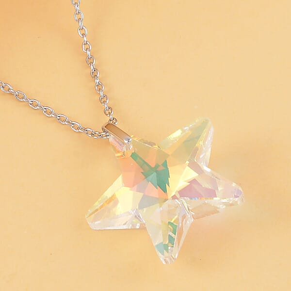 Simulated White Mystic Quartz Star Pendant In Rhodium Over Sterling Silver With Stainless Steel Necklace 20 Inches