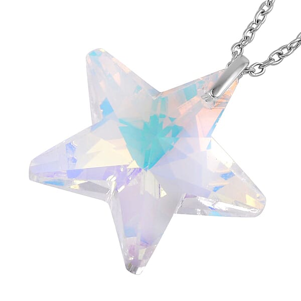 Simulated White Mystic Quartz Star Pendant In Rhodium Over Sterling Silver With Stainless Steel Necklace 20 Inches