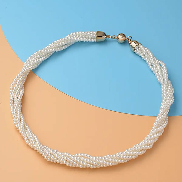 Simulated White Pearl Multi Row Twisted Necklace In Goldtone 23 Inches