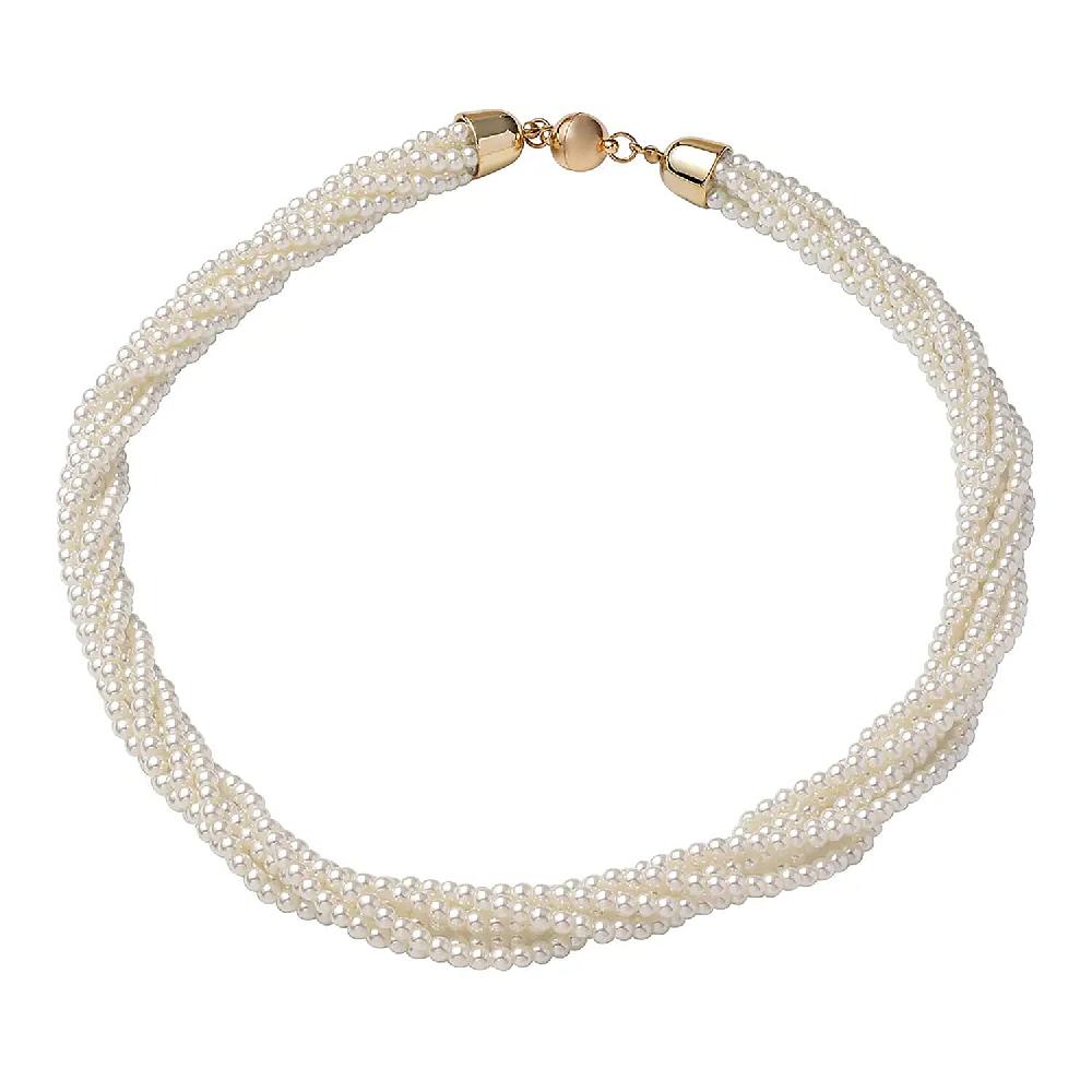 Simulated White Pearl Multi Row Twisted Necklace in Goldtone 23 Inches