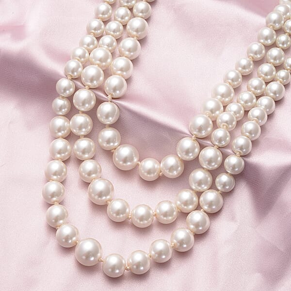 Simulated White Pearl Triple Row Necklace 23-27 Inches In Silvertone