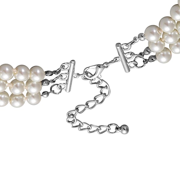 Simulated White Pearl Triple Row Necklace 23-27 Inches In Silvertone
