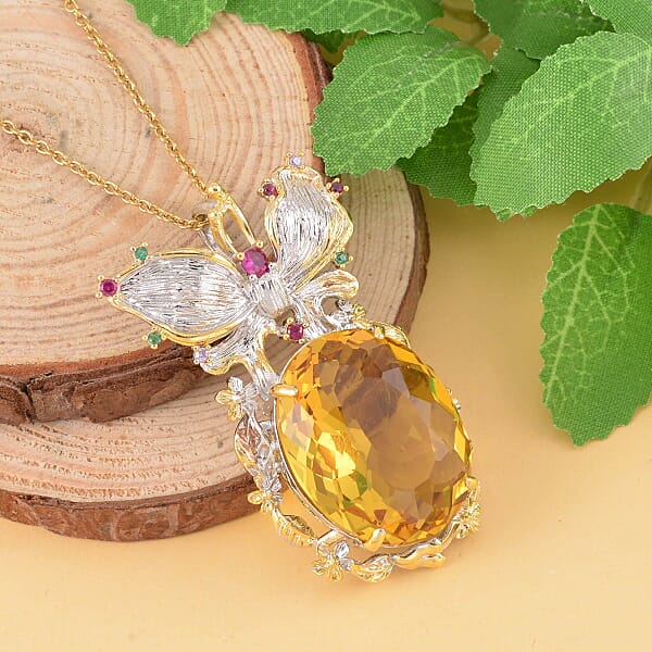 Simulated Yellow Sapphire Simulated Multi Color Diamond Pendant Necklace In Goldtone And ION Plated YG Stainless Steel 20 Inches Tarnish-Free Waterproof Sweat Proof Jewelry