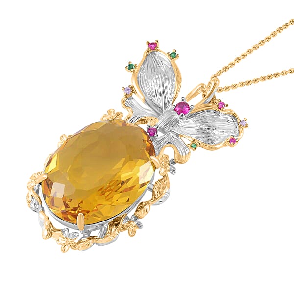 Simulated Yellow Sapphire Simulated Multi Color Diamond Pendant Necklace In Goldtone And ION Plated YG Stainless Steel 20 Inches Tarnish-Free Waterproof Sweat Proof Jewelry