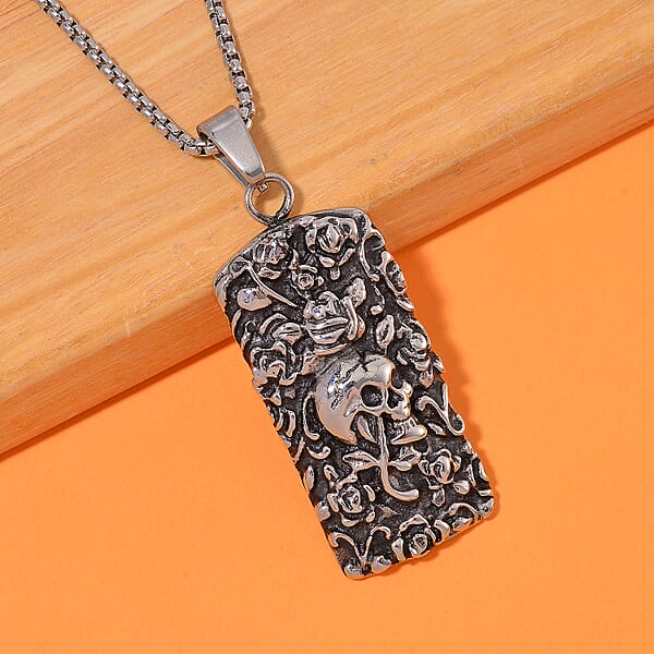 Skull And Rose Pendant Necklace In Black Oxidized And Stainless Steel 24 Inches