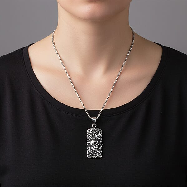 Skull And Rose Pendant Necklace In Black Oxidized And Stainless Steel 24 Inches