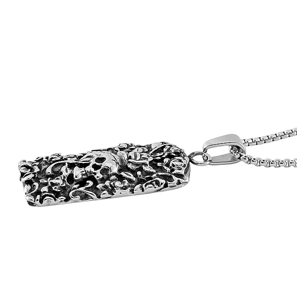 Skull And Rose Pendant Necklace In Black Oxidized And Stainless Steel 24 Inches