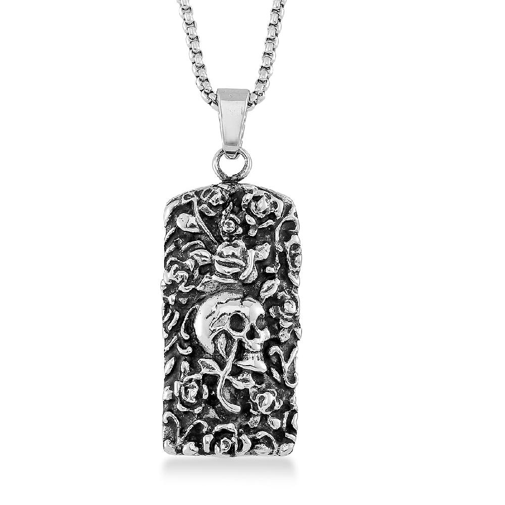 Skull and Rose Pendant Necklace in Black Oxidized and Stainless Steel 24 Inches