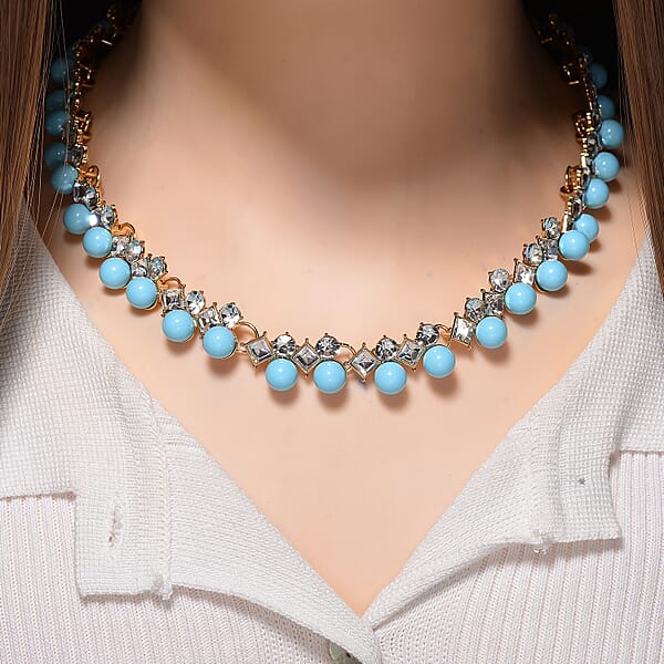 Sleeping Beauty Color Shell Pearl And Austrian Crystal Necklace In Goldtone 18-20 Inches