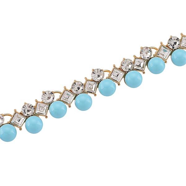 Sleeping Beauty Color Shell Pearl And Austrian Crystal Necklace In Goldtone 18-20 Inches