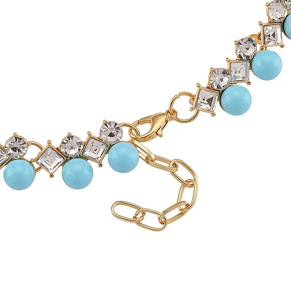 Sleeping Beauty Color Shell Pearl And Austrian Crystal Necklace In Goldtone 18-20 Inches