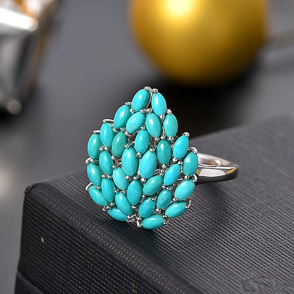 Sleeping Beauty Turquoise 3.50 Ctw Floral Ring In Rhodium Over Sterling Silver