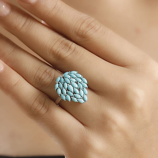 Sleeping Beauty Turquoise 3.50 Ctw Floral Ring In Rhodium Over Sterling Silver