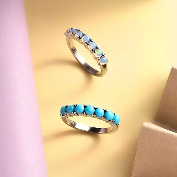 Sleeping Beauty Turquoise And Ethiopian Welo Opal 1.30 Ctw Ring Stackable Wedding Band Ring 7 Stone Promise Rings For Women In Stainless Steel