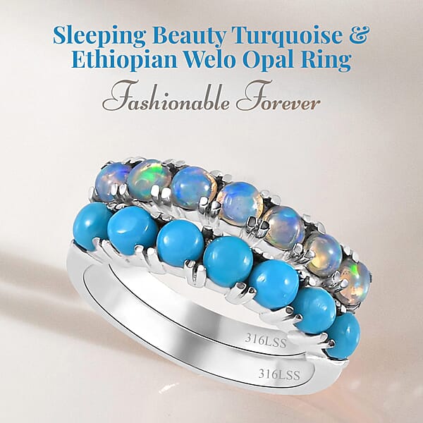 Sleeping Beauty Turquoise And Ethiopian Welo Opal 1.30 Ctw Ring Stackable Wedding Band Ring 7 Stone Promise Rings For Women In Stainless Steel