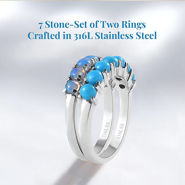 Sleeping Beauty Turquoise And Ethiopian Welo Opal 1.30 Ctw Ring Stackable Wedding Band Ring 7 Stone Promise Rings For Women In Stainless Steel