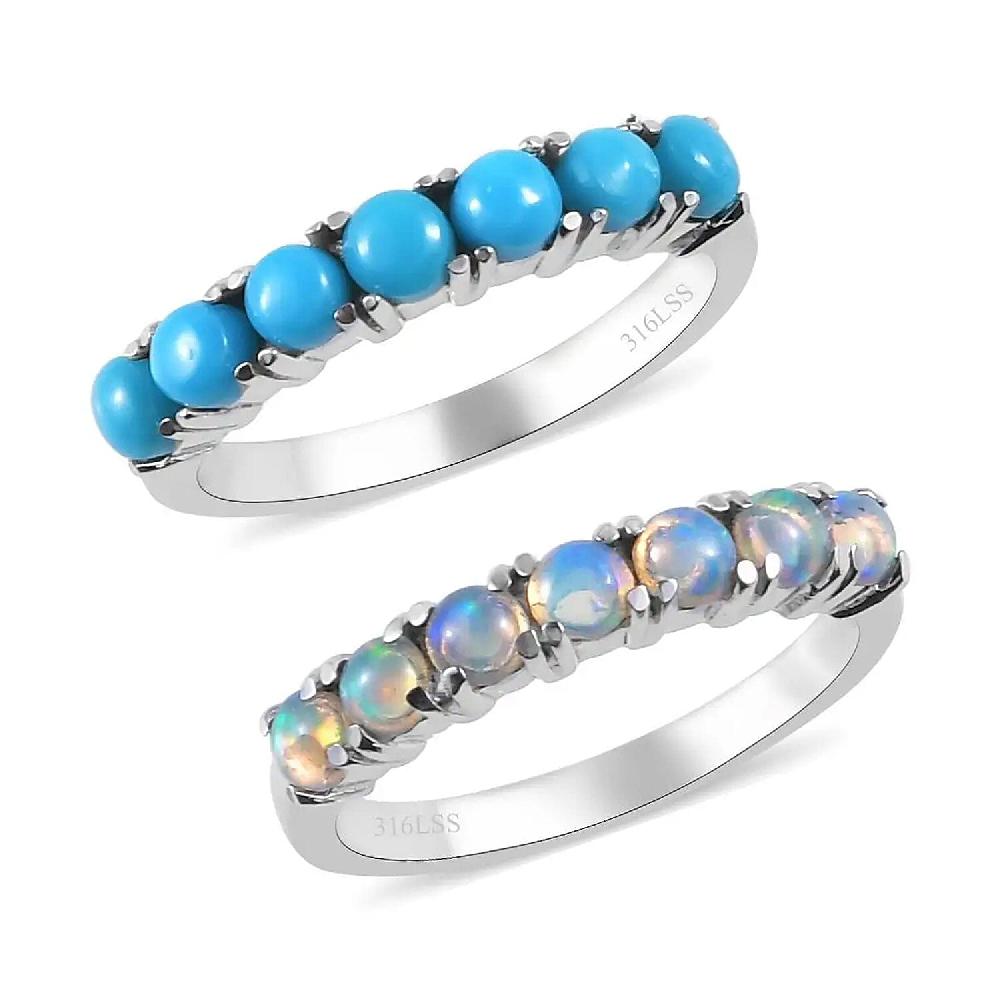 Sleeping Beauty Turquoise and Ethiopian Welo Opal 1.30 ctw Ring Stackable Wedding Band Ring 7 Stone Promise Rings For Women in Stainless Steel