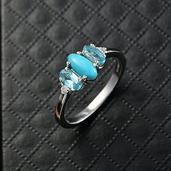 Sleeping Beauty Turquoise Apatite Lab Grown Diamond Ring In Rhodium Over Sterling Silver 1.25 Ctw