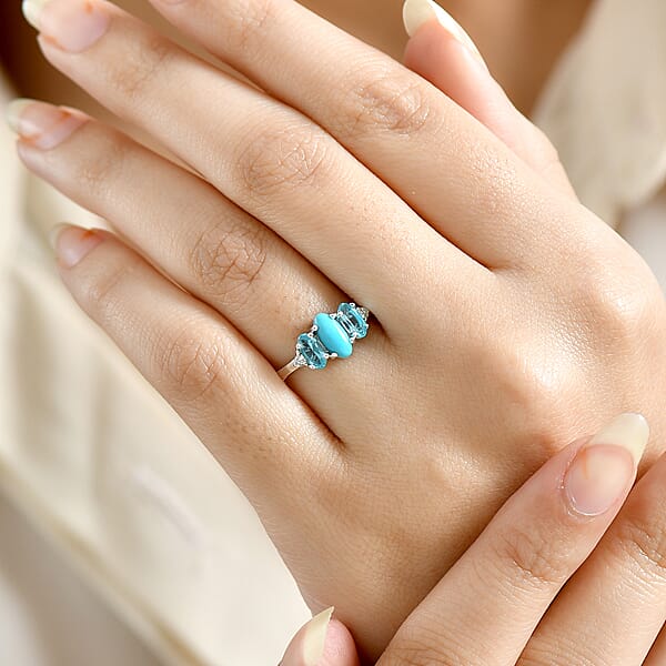Sleeping Beauty Turquoise Apatite Lab Grown Diamond Ring In Rhodium Over Sterling Silver 1.25 Ctw