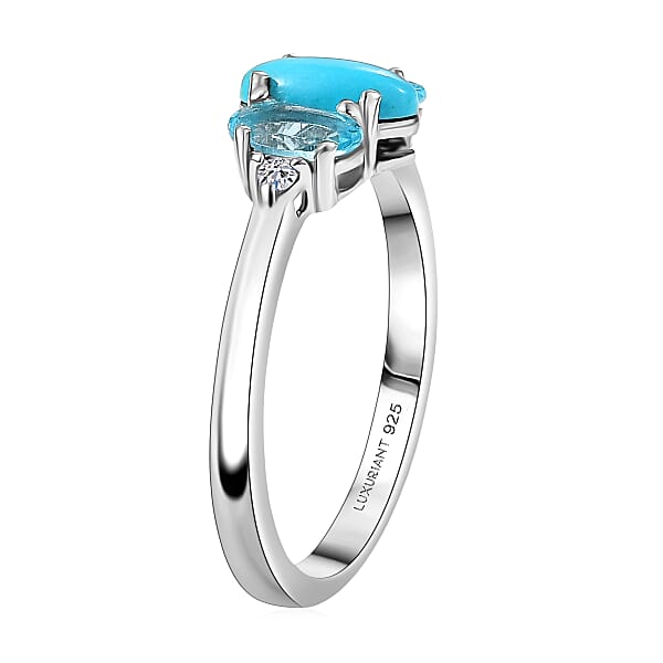 Sleeping Beauty Turquoise Apatite Lab Grown Diamond Ring In Rhodium Over Sterling Silver 1.25 Ctw