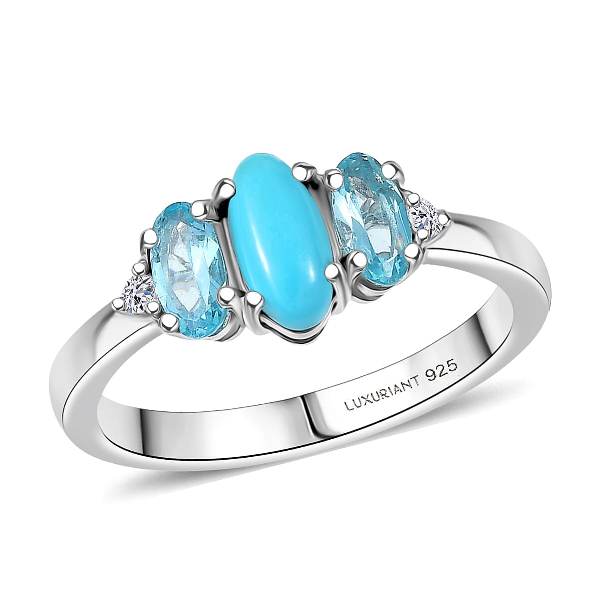 Sleeping Beauty Turquoise Apatite Lab Grown Diamond Ring in Rhodium Over Sterling Silver 1.25 ctw