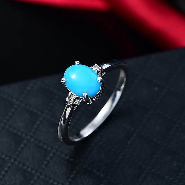 Sleeping Beauty Turquoise Lab Grown Diamond Blue Empress Ring In Rhodium Over Sterling Silver 1.10 Ctw