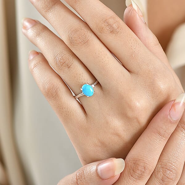 Sleeping Beauty Turquoise Lab Grown Diamond Blue Empress Ring In Rhodium Over Sterling Silver 1.10 Ctw