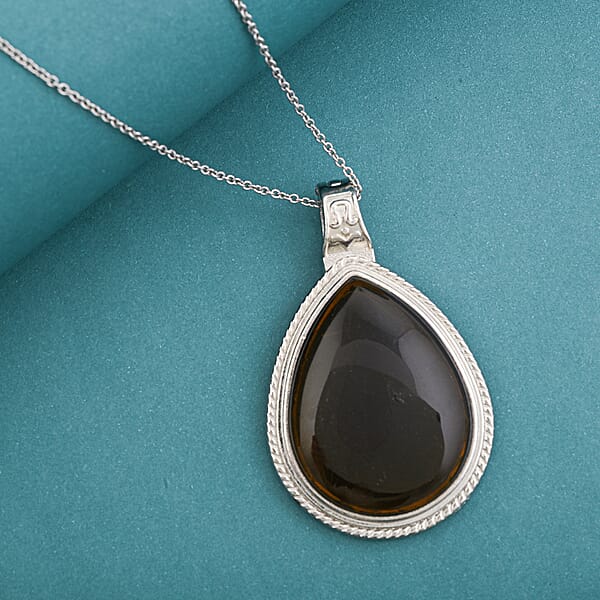 Smoky Quartz 78.00 Ctw Inlay Frame Pendant In Silvertone Stainless Steel Necklace 20 Inches