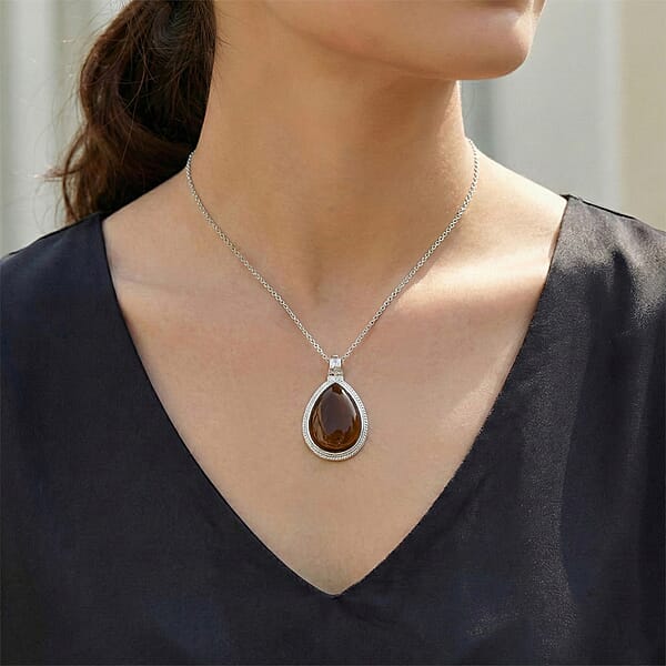 Smoky Quartz 78.00 Ctw Inlay Frame Pendant In Silvertone Stainless Steel Necklace 20 Inches