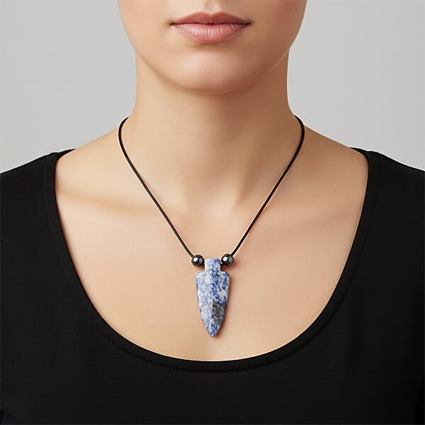 Sodalite And Lava 42.00 Ctw Arrowhead Necklace With Black Cord (14 Inches)