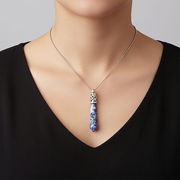 Sodalite Pendant In Silvertone With Stainless Steel Necklace 36.00 Ctw (20 Inches)