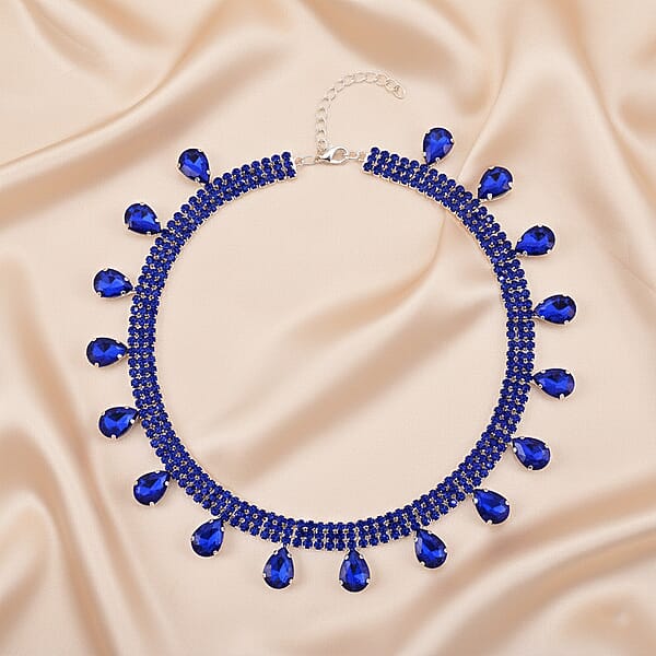 Sparkling Blue Austrian Crystal Dripping Necklace (16-19 Inches) In Silvertone