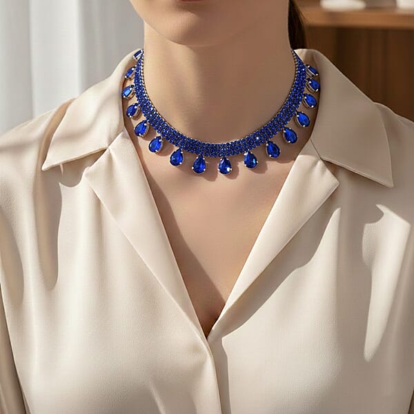 Sparkling Blue Austrian Crystal Dripping Necklace (16-19 Inches) In Silvertone