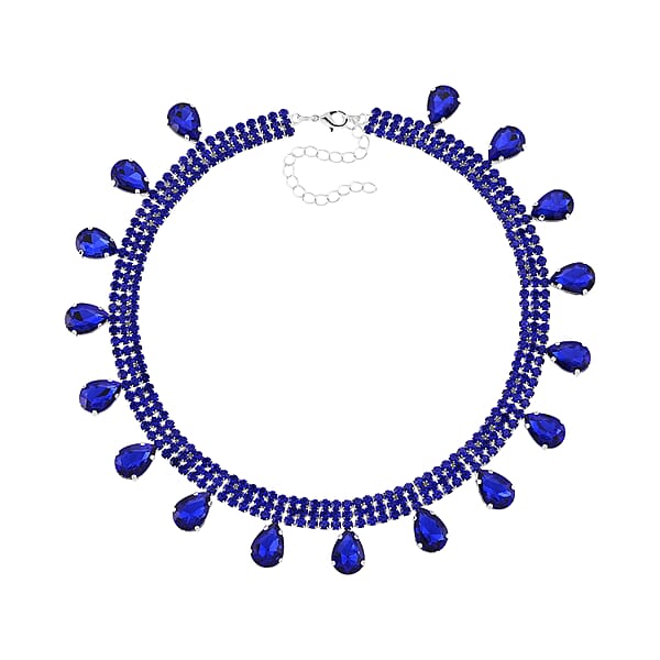Sparkling Blue Austrian Crystal Dripping Necklace (16-19 Inches) In Silvertone
