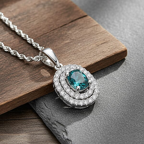SPECIAL EDITION Certified & Appraised Luxoro 10K White Gold AAA Pirineu Lagoon Tourmaline Diamond (I2) (0.37 Cts) Pendant Necklace (18 Inches) 1.14 Ctw