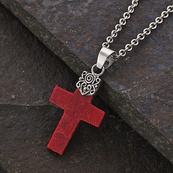 Sponge Coral Cross Pendant Without Chain In Sterling Silver
