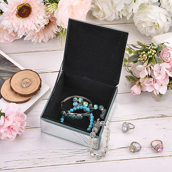Square Glass Jewelry Box With Blue And Purple Crystal Floral On Top