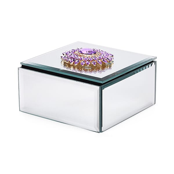 Square Glass Jewelry Box With Blue And Purple Crystal Floral On Top