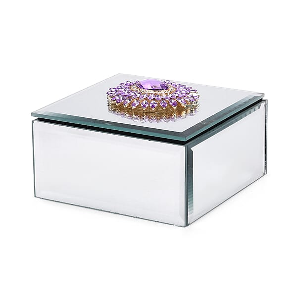 Square Glass Jewelry Box With Blue And Purple Crystal Floral On Top