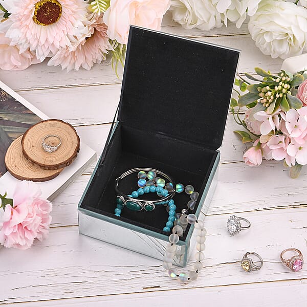 Square Glass Jewelry Box With Silver And Black Crystal Floral On Top