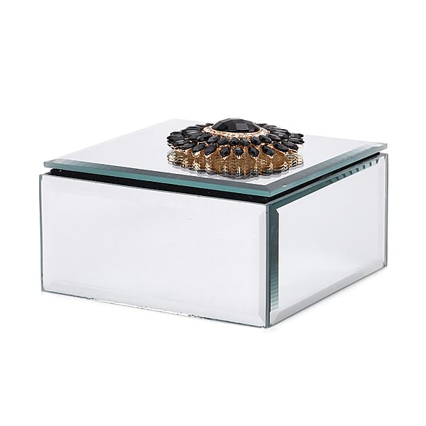 Square Glass Jewelry Box With Silver And Black Crystal Floral On Top