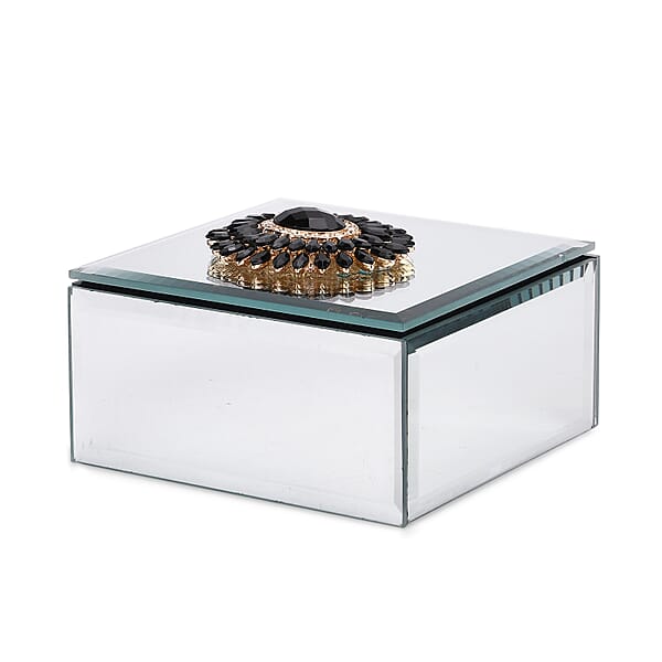 Square Glass Jewelry Box With Silver And Black Crystal Floral On Top
